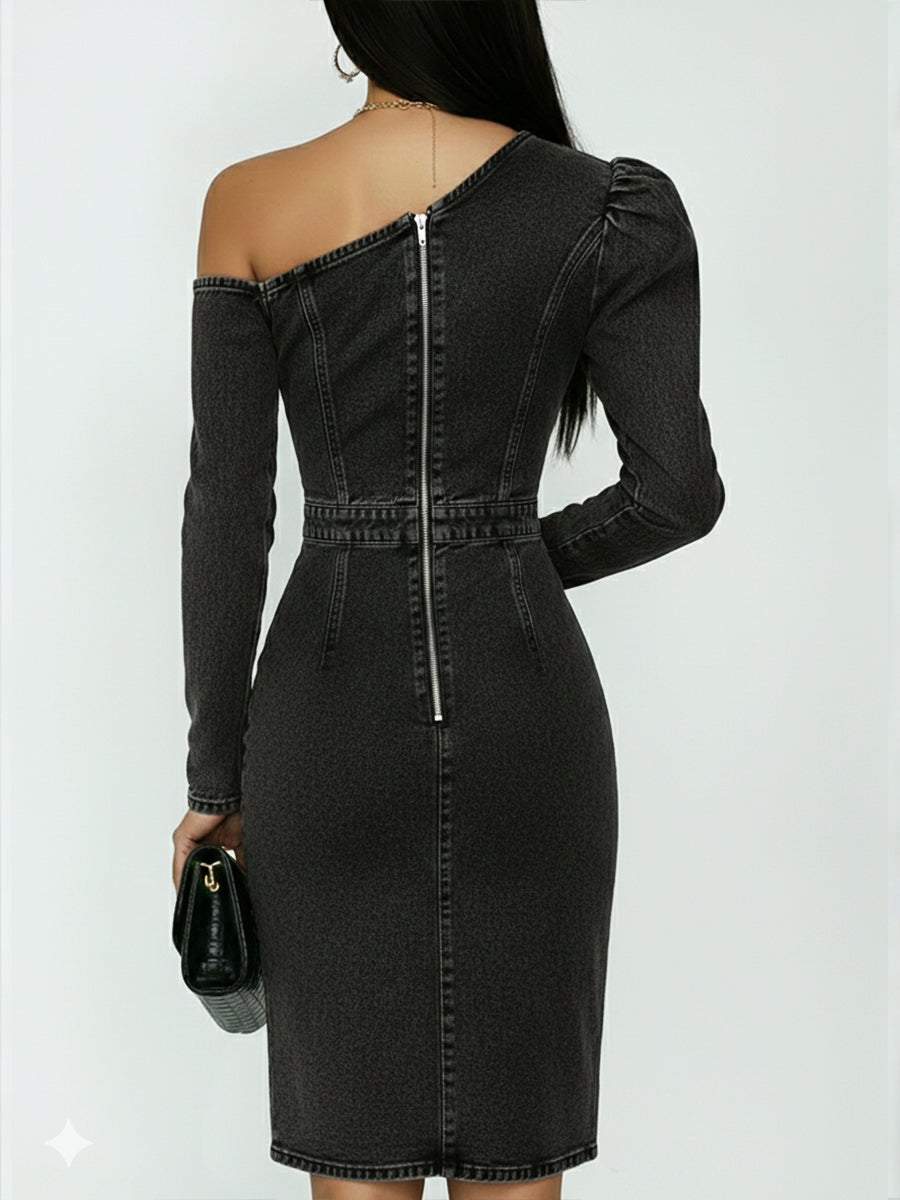 Women Denim One Shoulder Bodycon Midi Dress