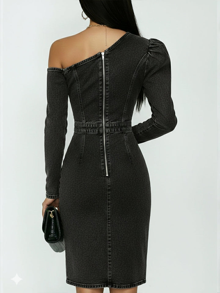Women Denim One Shoulder Bodycon Midi Dress
