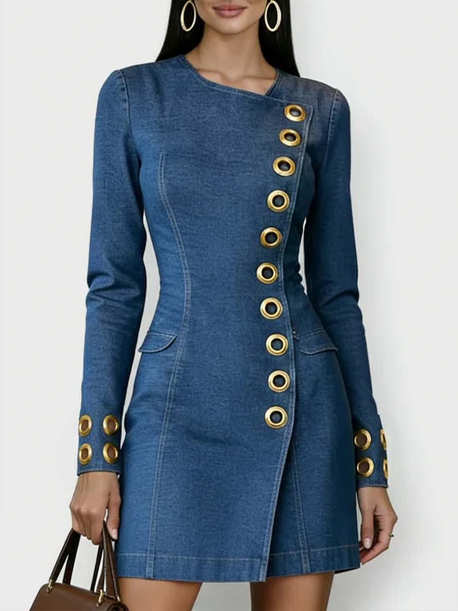 Women's Denim Mini Dress Long Sleeve Jean Shift Dress