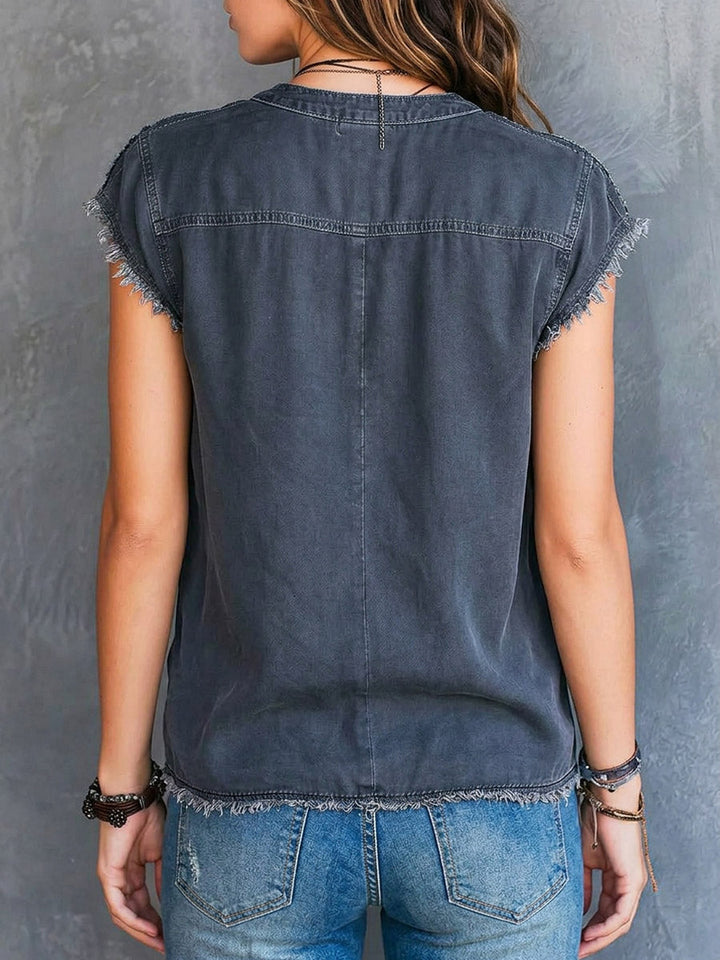 Women's Short Sleeve V-Neck Denim Blouse Top