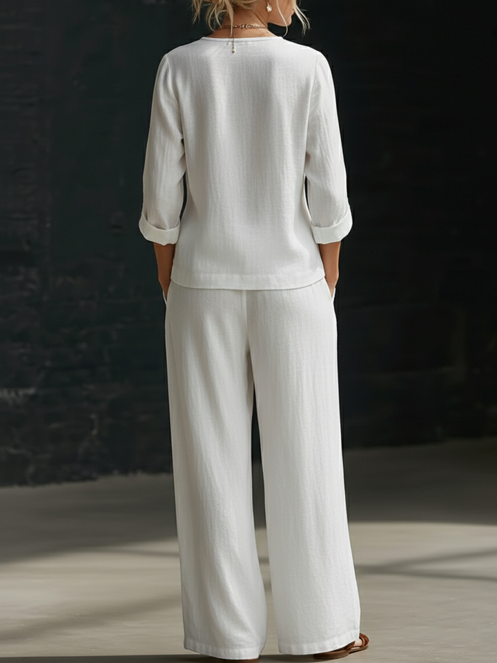 Women's Linen Two Piece Set V-Neck Trousers Co-ord Wide Leg Pantsuit