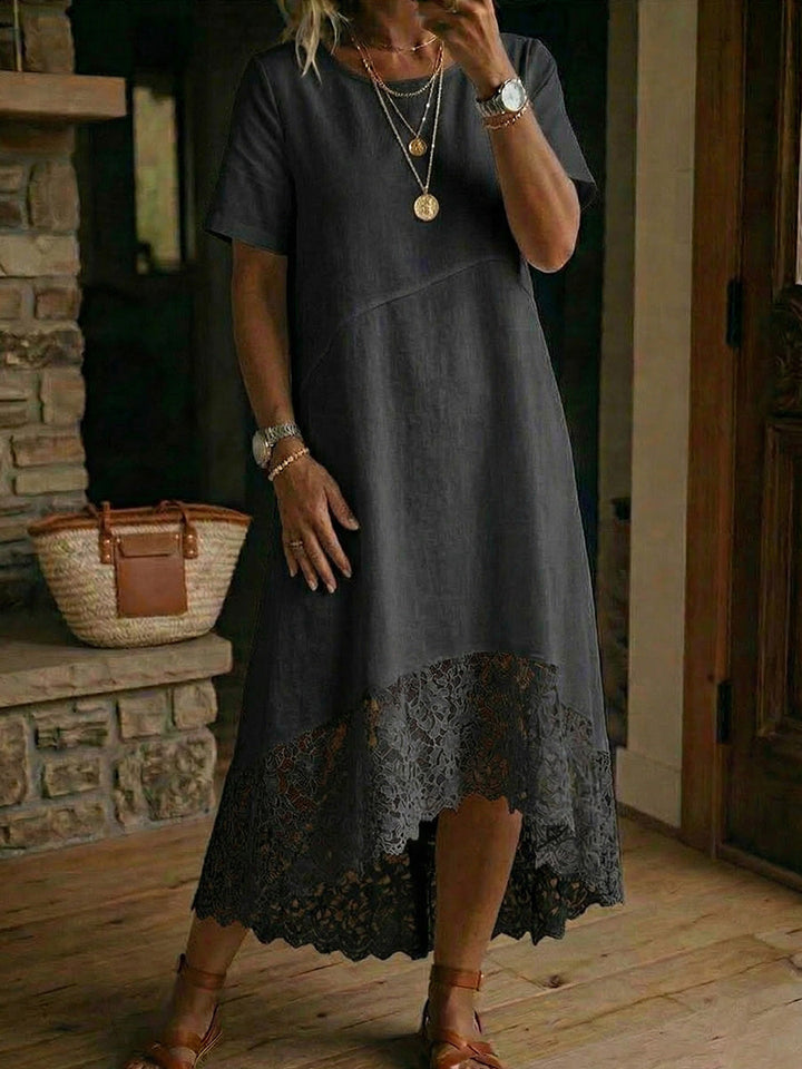 Women's Linen High-Low Midi Dress with Short Sleeves