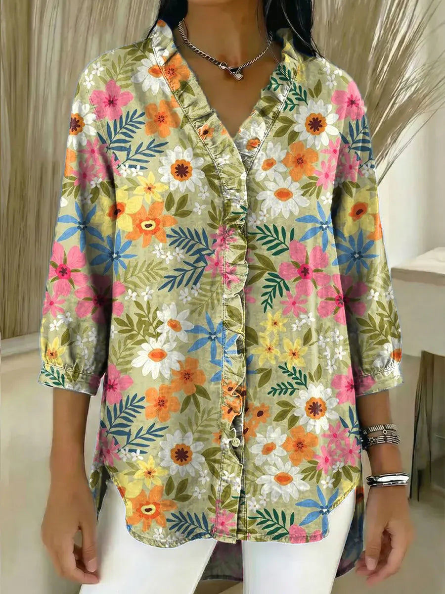 Women's Linen Blouse Floral Print 3/4 Sleeve V Neck Casual Tunic Shirt