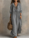 Linen Maxi Dress Women V Neck Boho Long Sleeve Kaftan Gown