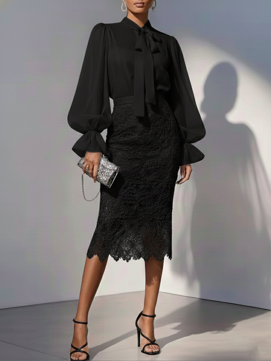Women's Lace Skirt and Chiffon Blouse Set