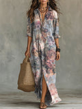 Women's Linen Blend Floral Print V-Neck Maxi Shirt Dress