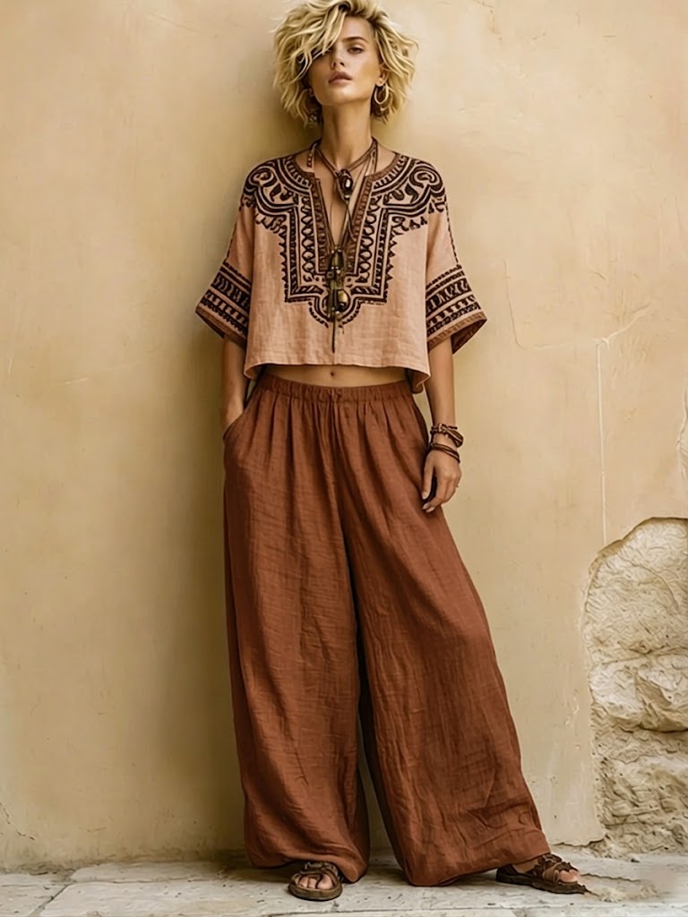 Linen Women's Boho Embroidered V-Neck Crop Top and Wide Leg Trousers Set