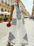 Women's Linen Embroidered Sleeveless V-Neck Wide Leg Jumpsuit