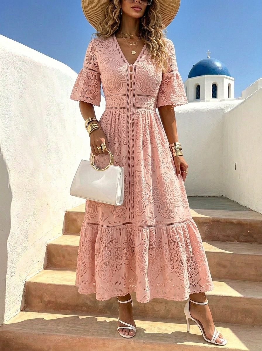 Women's Lace Trim Linen-Blend 3/4-Sleeve Maxi Shirt Dress