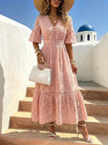 Women's Lace Trim Linen-Blend 3/4-Sleeve Maxi Shirt Dress