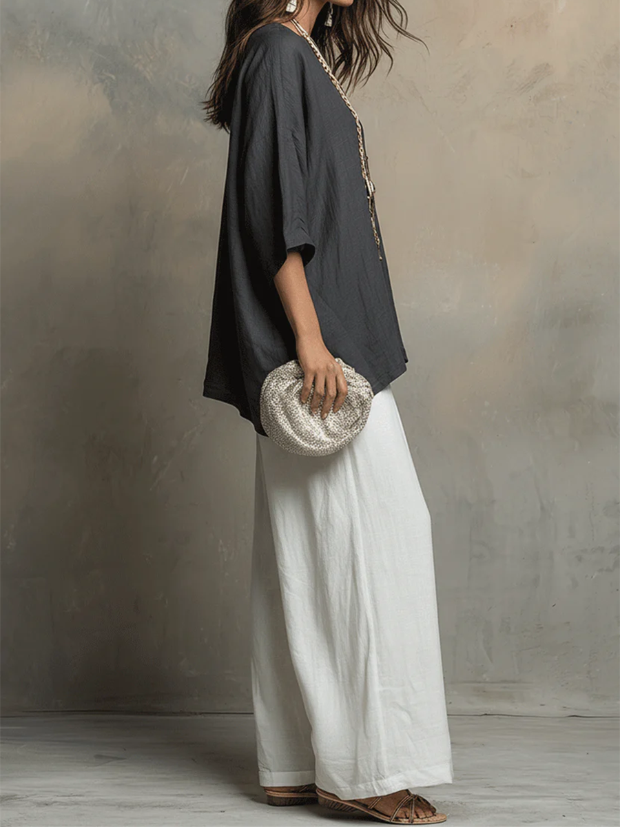 Women's Linen Two Piece Lounge Set Wide Leg Pants and Top Co-ord