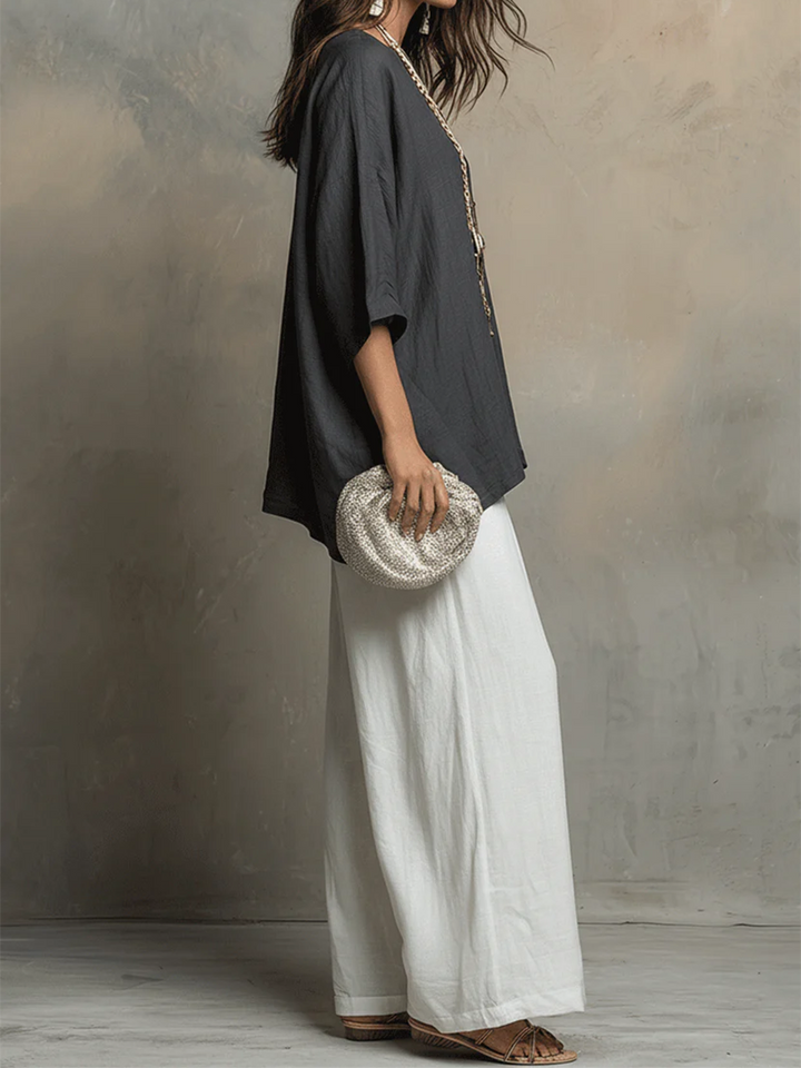 Women's Linen Two Piece Lounge Set Wide Leg Pants and Top Co-ord