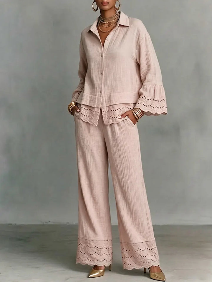 Women's Linen Wide Leg Trousers and Ruffle Top Two Piece Set