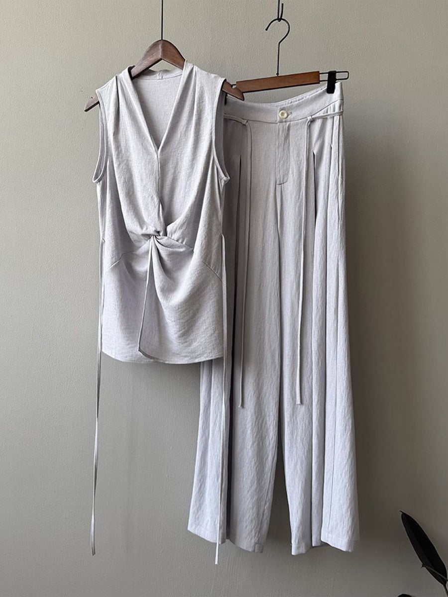 Women's Linen Two Piece Set  Sleeveless Wrap Top & Wide Leg Pants