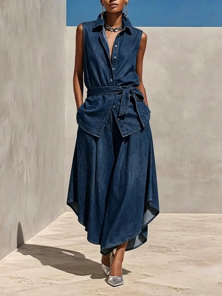 Women's Denim Sleeveless Shirt and Wide Leg Pants Set