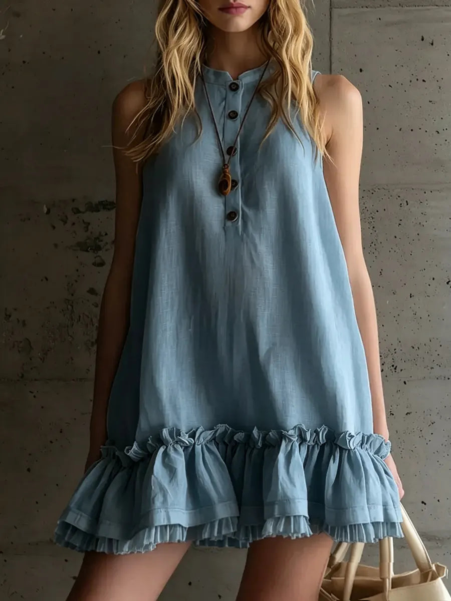 Women’s Linen Sleeveless Smock Dress Mini Ruffle Hem Tunic