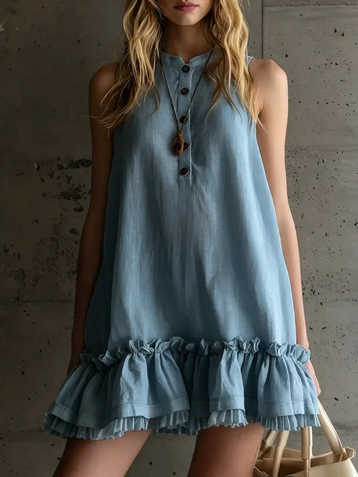Women’s Linen Sleeveless Smock Dress Mini Ruffle Hem Tunic
