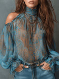 Women's Chiffon Blouse Paisley Mock Neck Cold Shoulder Sheer Top