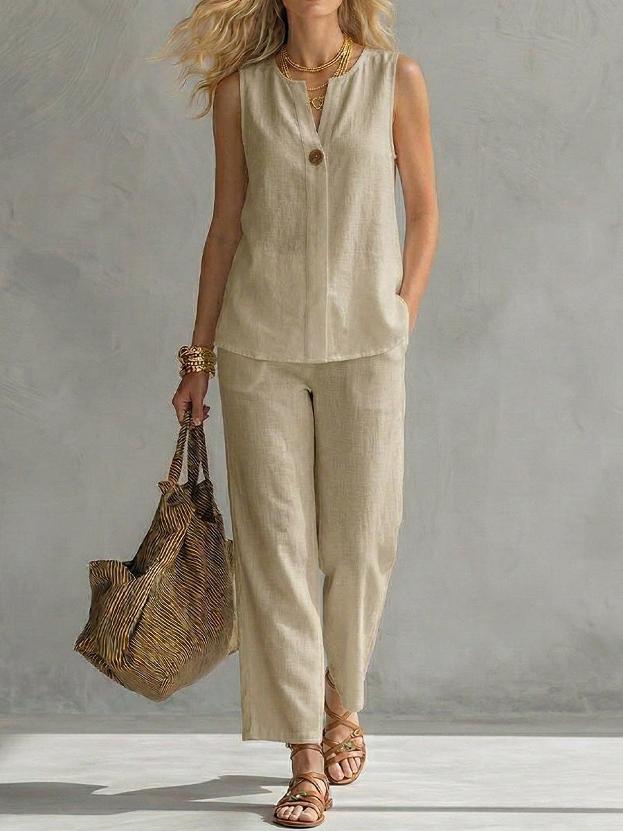 Women's Linen Two-Piece Sleeveless Top and Wide Leg Trouser Set