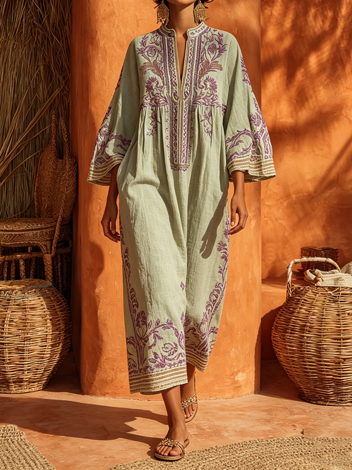 Women's Linen Embroidered Kaftan Dress Maxi Tunic
