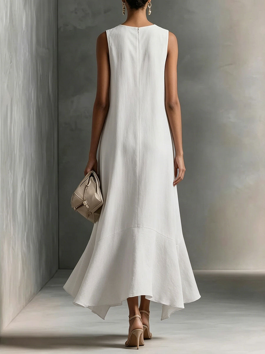 Women's Deep V-Neck Sleeveless Asymmetric Ruffle-Hem Linen Maxi Dress