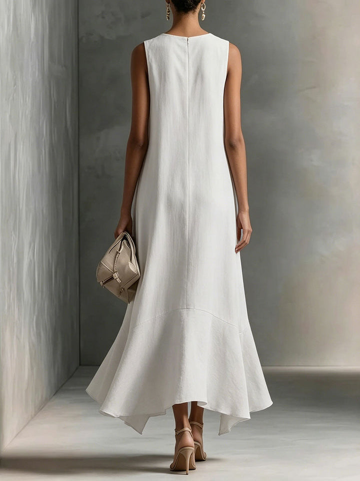 Women's Deep V-Neck Sleeveless Asymmetric Ruffle-Hem Linen Maxi Dress