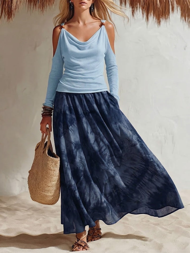 Women's Linen Cold Shoulder Long Sleeve Top and Tie Dye Maxi Skirt Two Piece Set