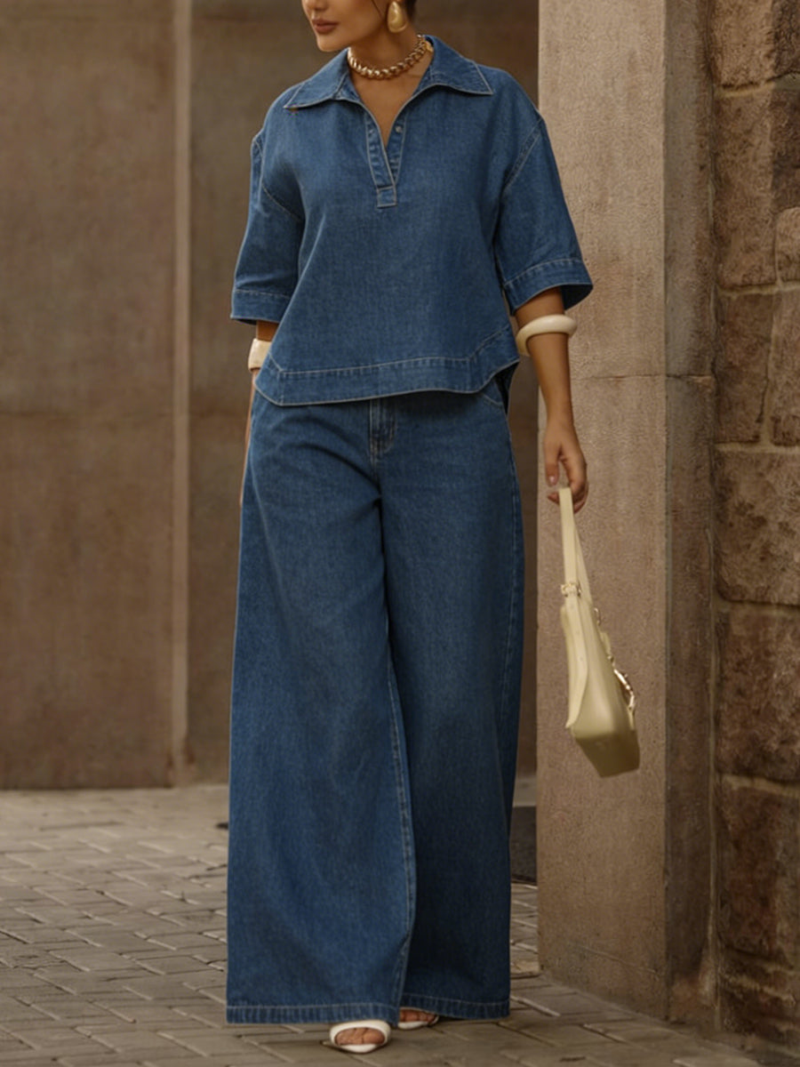 Women's Denim Wide Leg Trousers and Top Two Piece Set