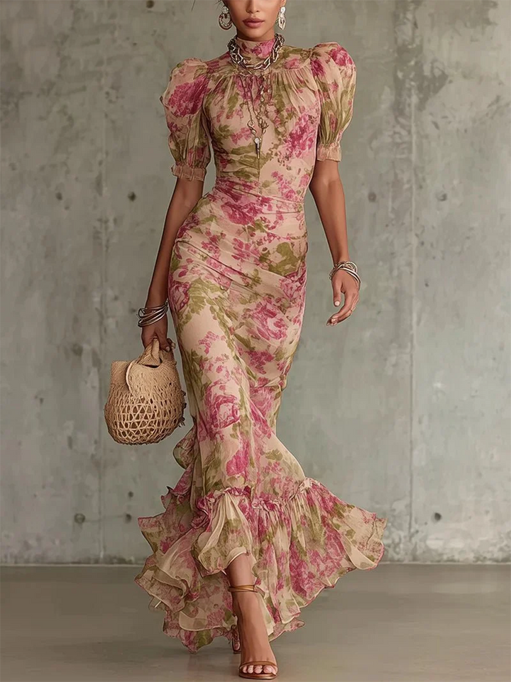 Women's Chiffon Floral High Neck Puff Sleeve Mermaid Maxi Dress
