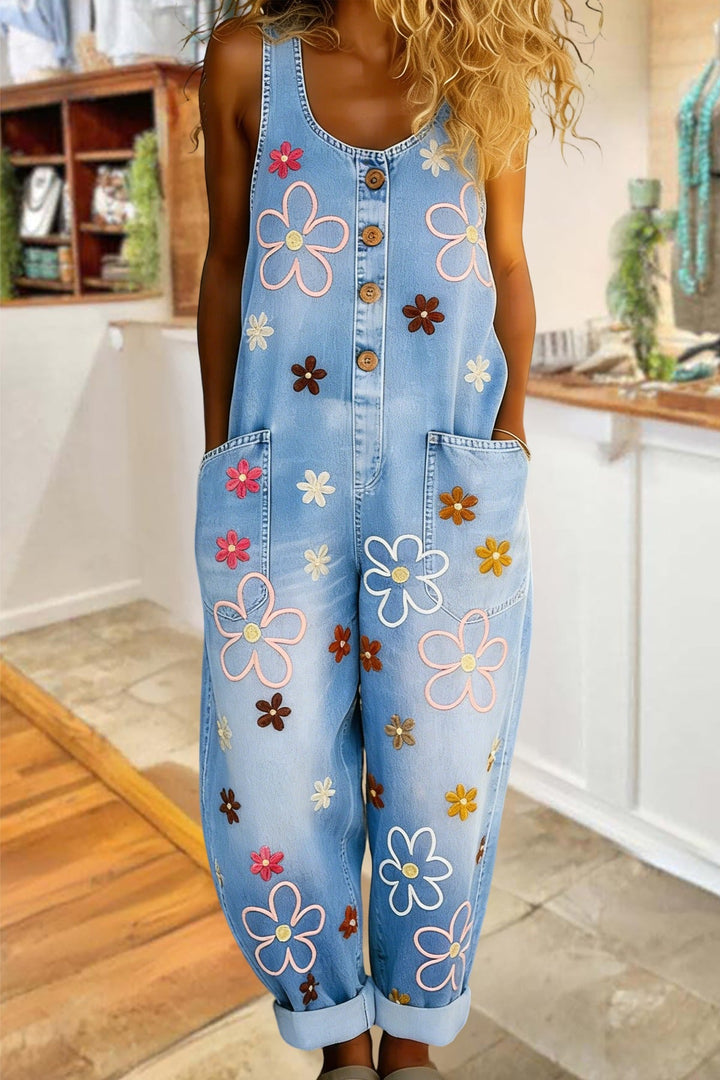 Women's Denim Floral Dungarees Jumpsuit Romper Overalls
