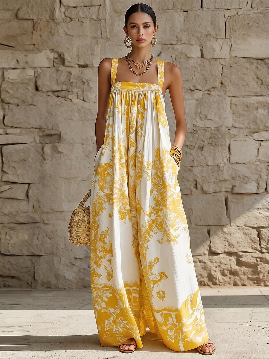 Women's Linen Floral Square-Neck Sleeveless Maxi Dress