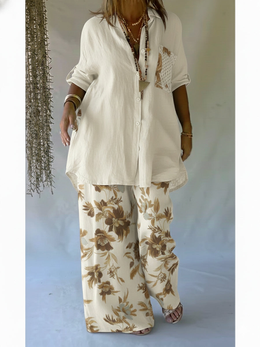 Women's Linen Two Piece Set Loose Long Sleeve Shirt Wide Leg Trousers Outfit