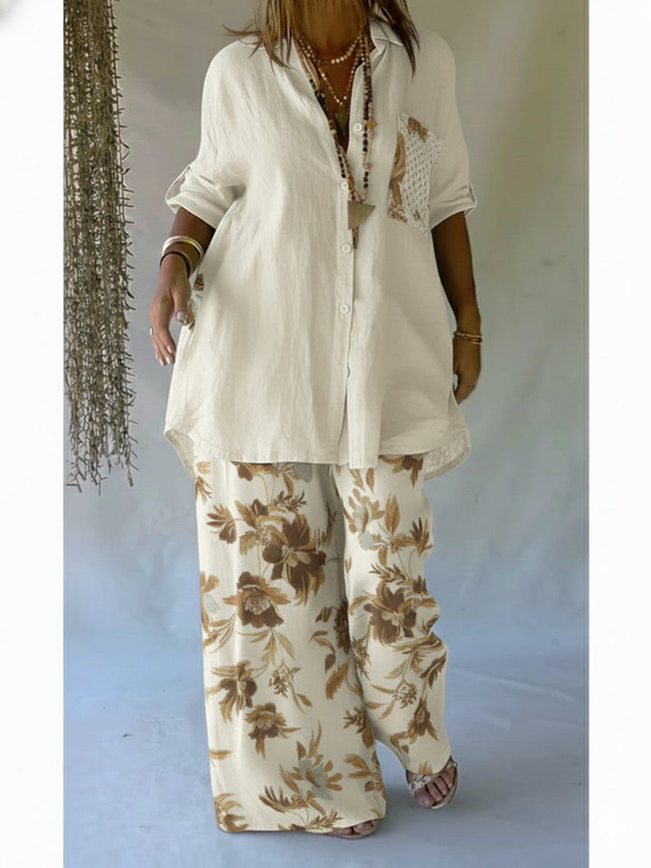 Women's Linen Two Piece Set Loose Long Sleeve Shirt Wide Leg Trousers Outfit