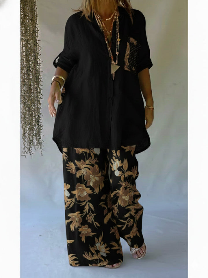 Women's Linen Two Piece Set Loose Long Sleeve Shirt Wide Leg Trousers Outfit