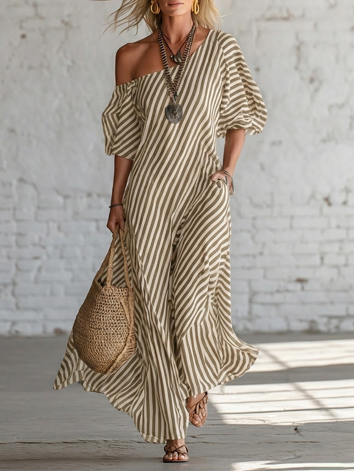 Women's Linen Off the Shoulder Maxi Dress Striped Oversized Sun Dress