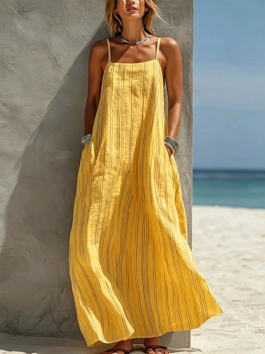 Women's Linen Maxi Dress Loose Fit Sleeveless Beach Sundress