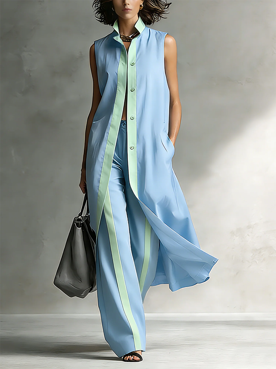 Women's Linen Sleeveless Maxi Shirt and Wide Leg Trousers Set
