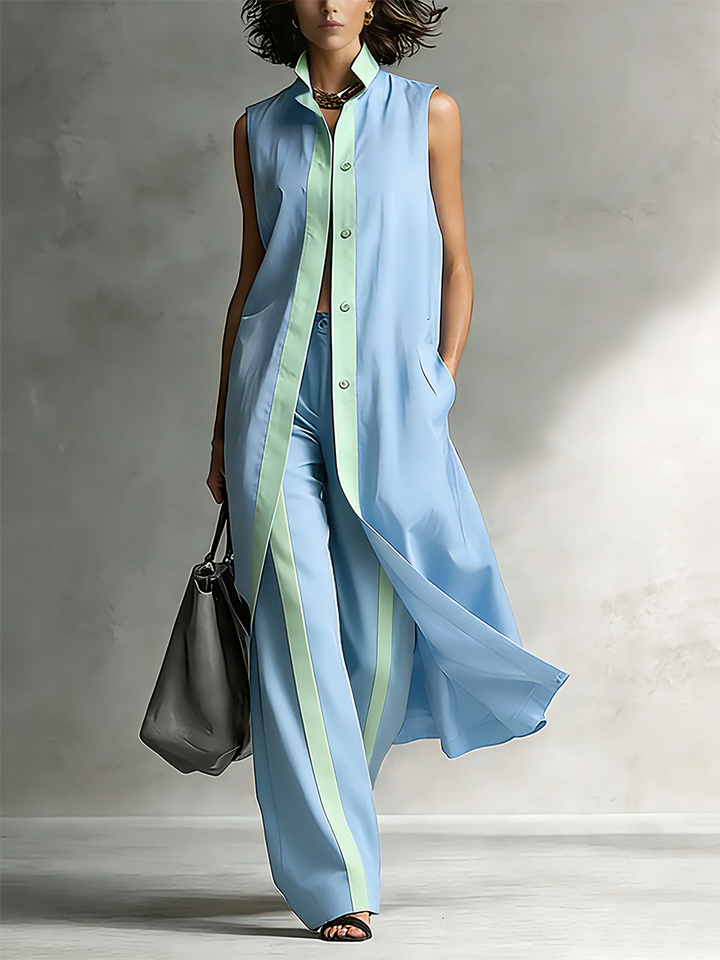 Women's Linen Sleeveless Maxi Shirt and Wide Leg Trousers Set