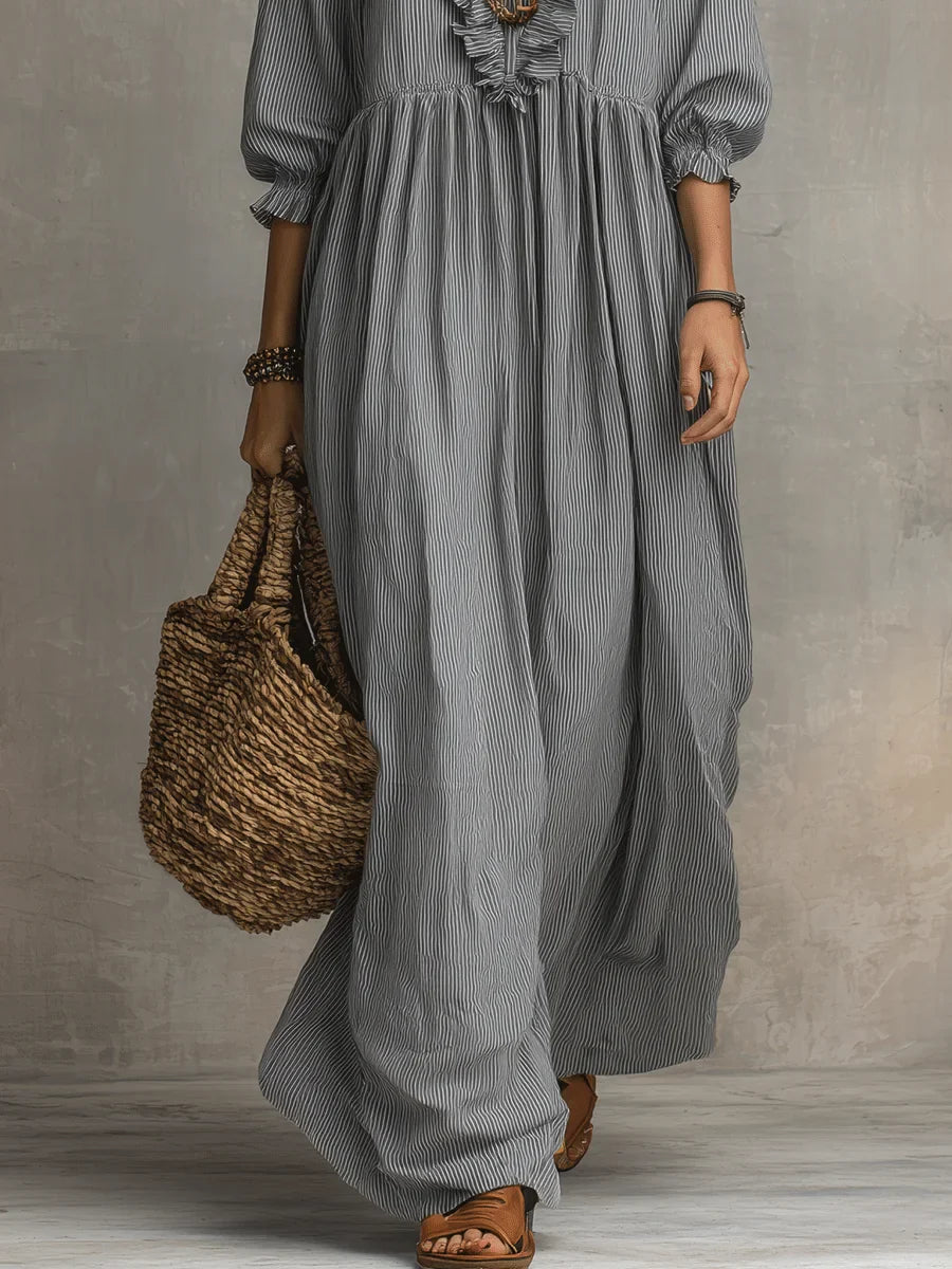 Linen Maxi Dress Women V Neck Boho Long Sleeve Kaftan Gown