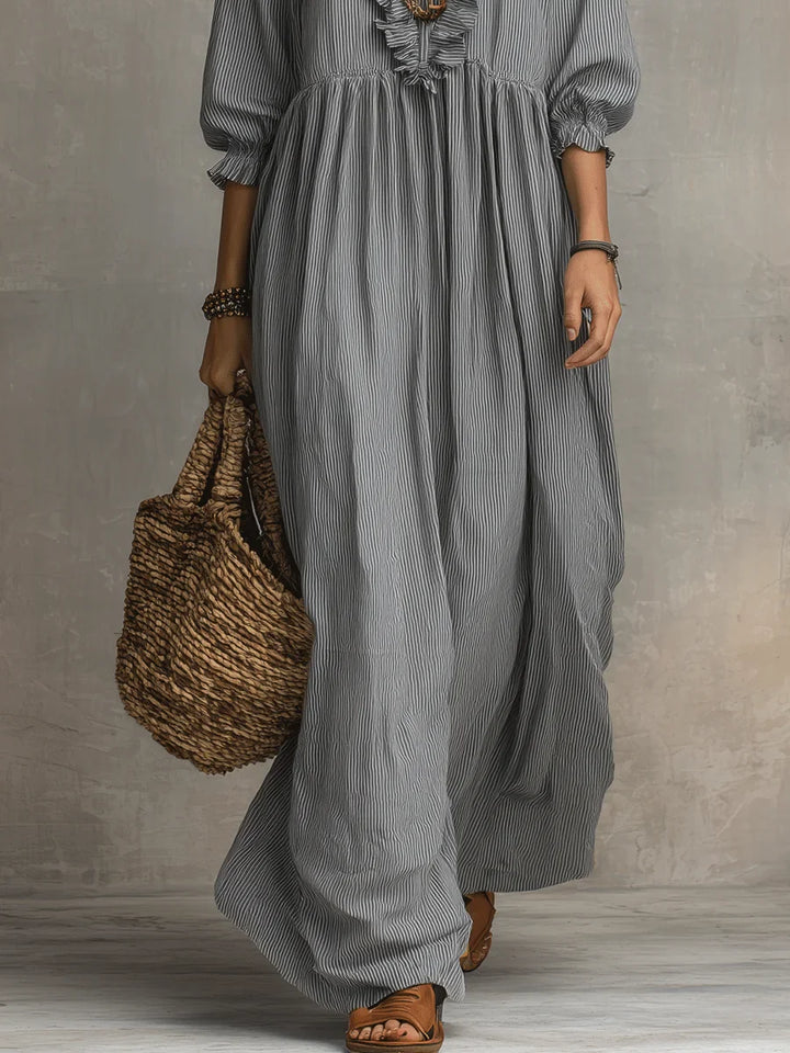 Linen Maxi Dress Women V Neck Boho Long Sleeve Kaftan Gown