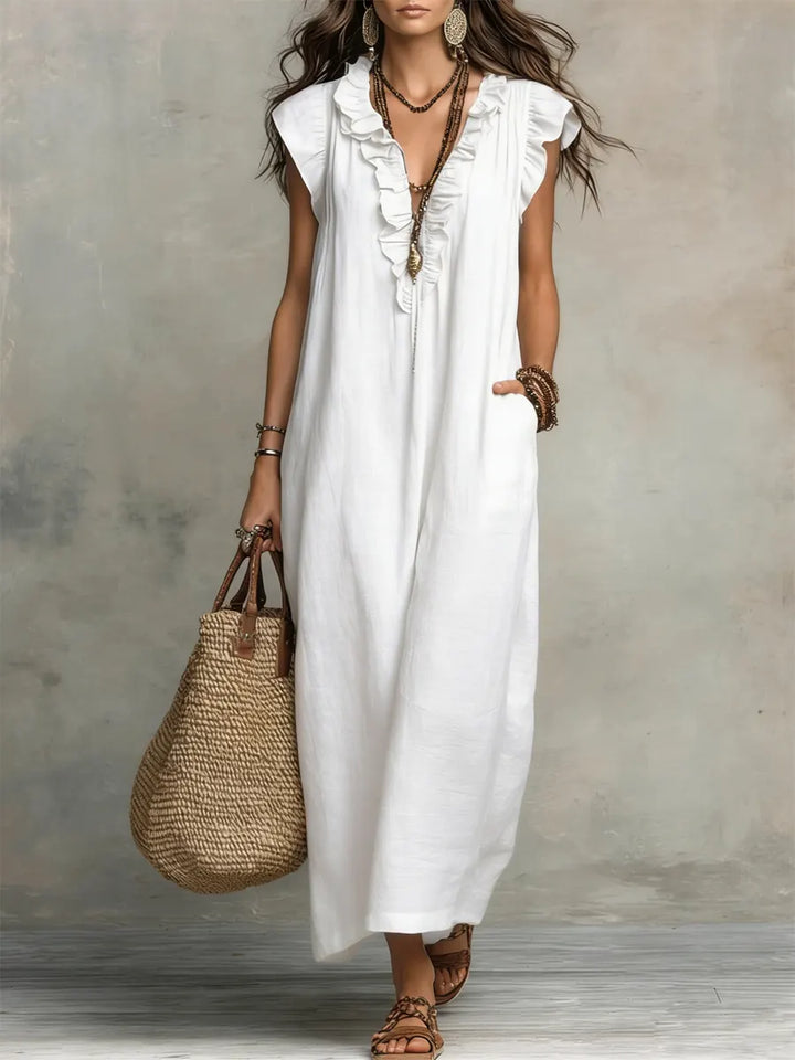 Women's Linen V-Neck Sleeveless Kaftan Boho Maxi Dress