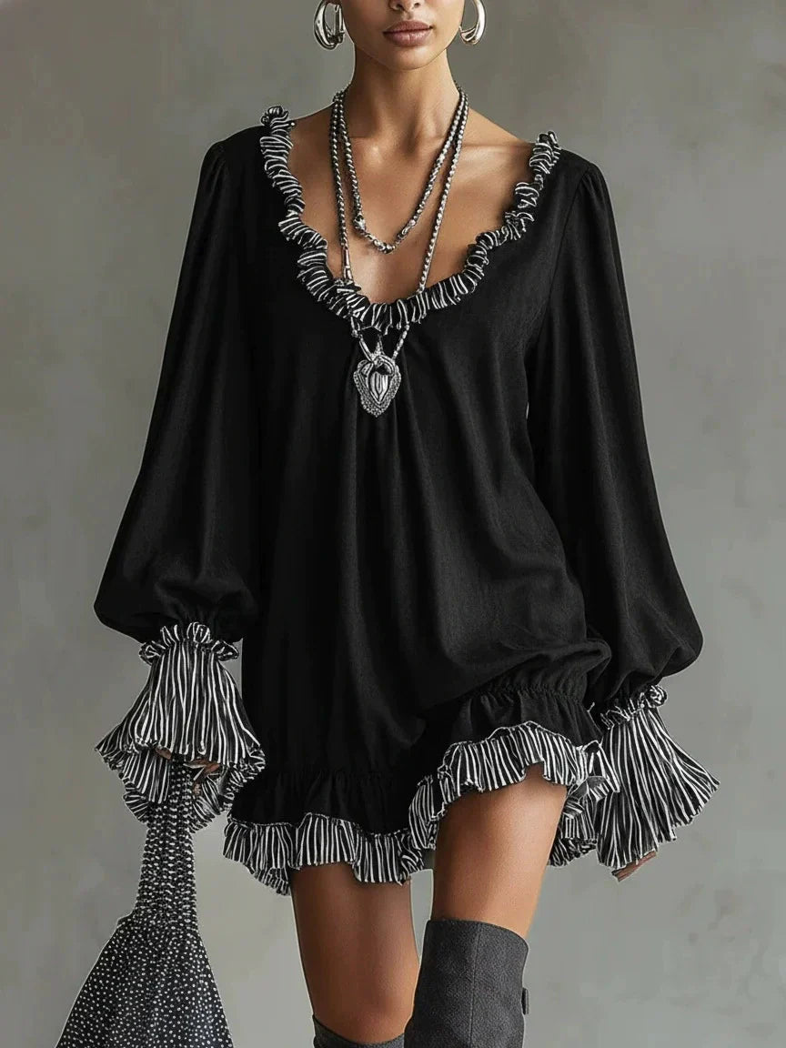 Women's Linen Ruffle V-Neck Long Sleeve Tunic Dress