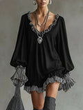 Women's Linen Ruffle V-Neck Long Sleeve Tunic Dress