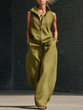 Women's Linen Sleeveless Zip Up Wide Leg Jumpsuit One Piece Overalls