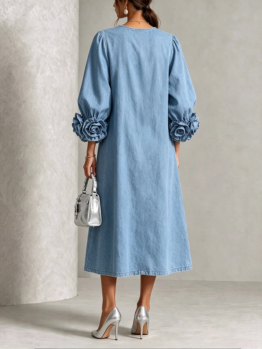 Robe midi trapèze en denim pour femme à manches bouffantes