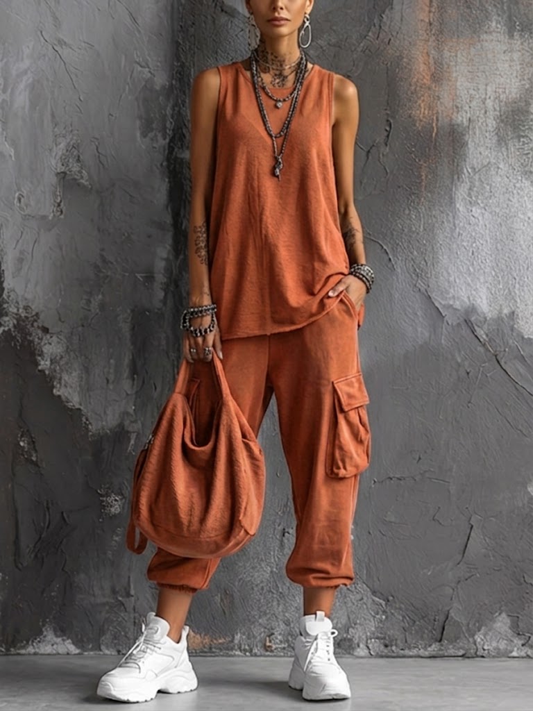 Women's Linen Blend Sleeveless Top and Cargo Trousers Two Piece Set