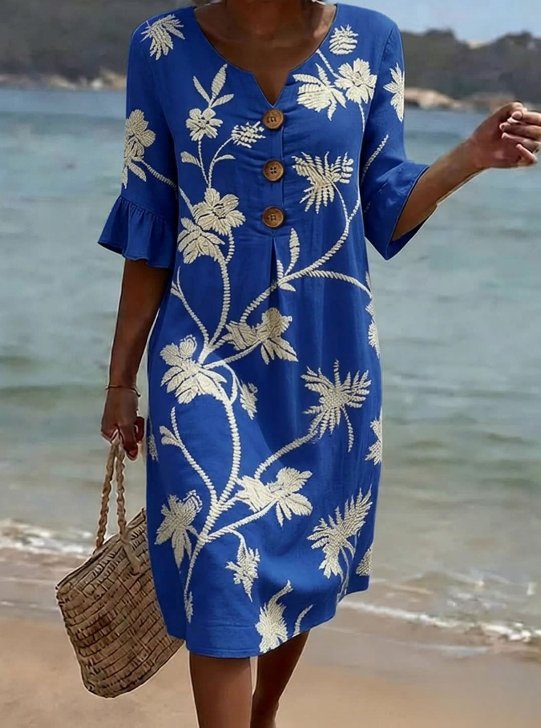 Women's Linen Floral Sundress Beach V-Neck Shift Dress