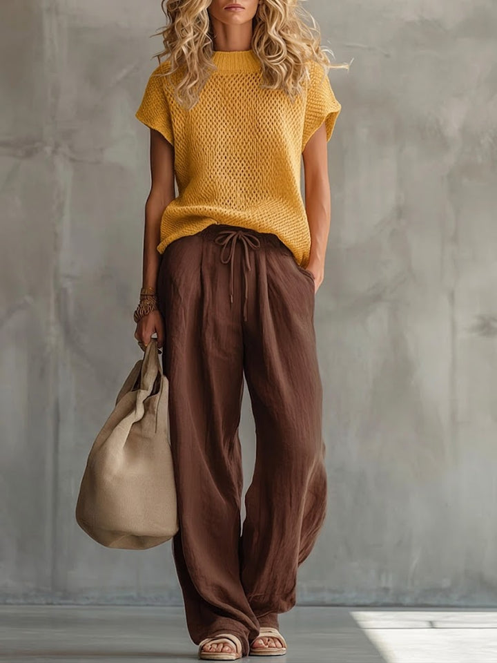 Women's Relaxed Knit Top and Wide Leg Linen Pants Set