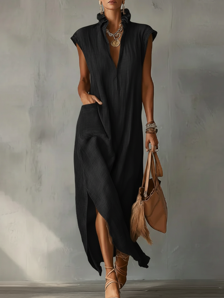 Women's Linen V Neck Ruffle Maxi Dress Sleeveless Kaftan Boho Long Dress