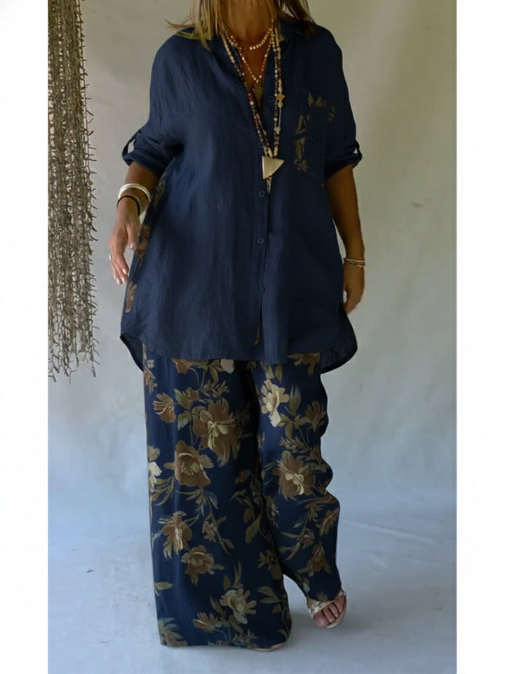 Women's Linen Two Piece Set Loose Long Sleeve Shirt Wide Leg Trousers Outfit